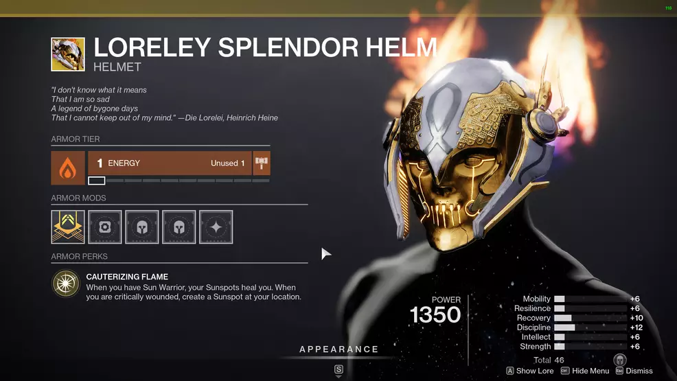 destiny 2 exotic titan armor loreley splendor helm