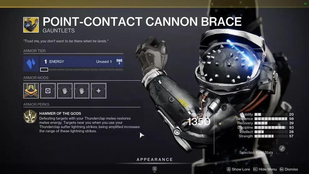 Image shows the Point-Contact Cannon Brace Exotic gauntlets for the Titan in Destiny 2