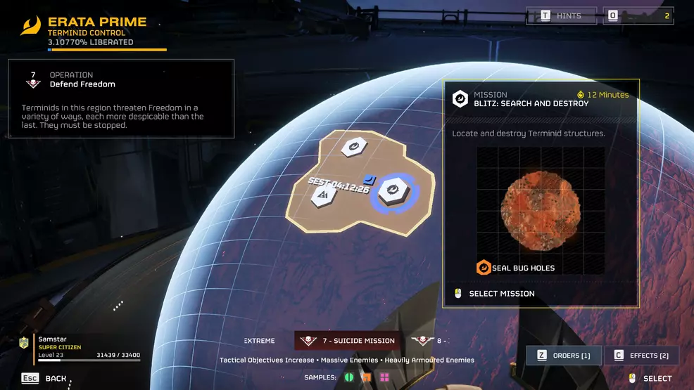 The mission screen showing the mission type and the available samples