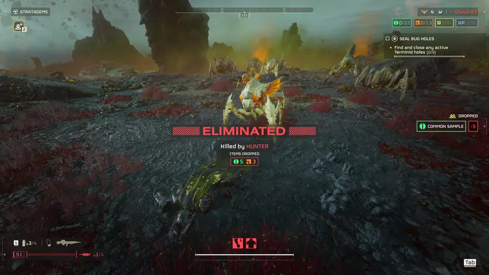 A Helldiver gets killed by a Hunter bug and drops their samples