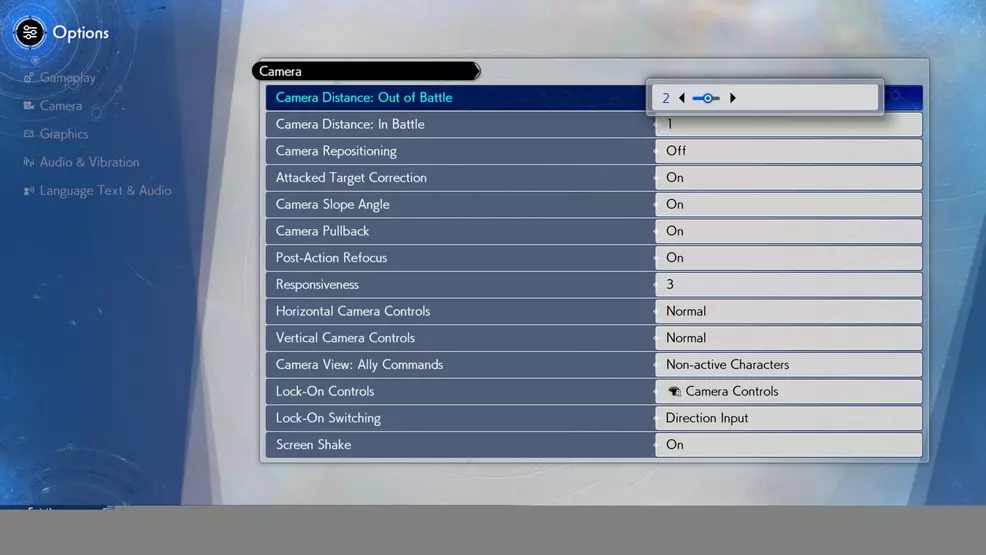 The Camera adjustment menus with the distance being the first option.