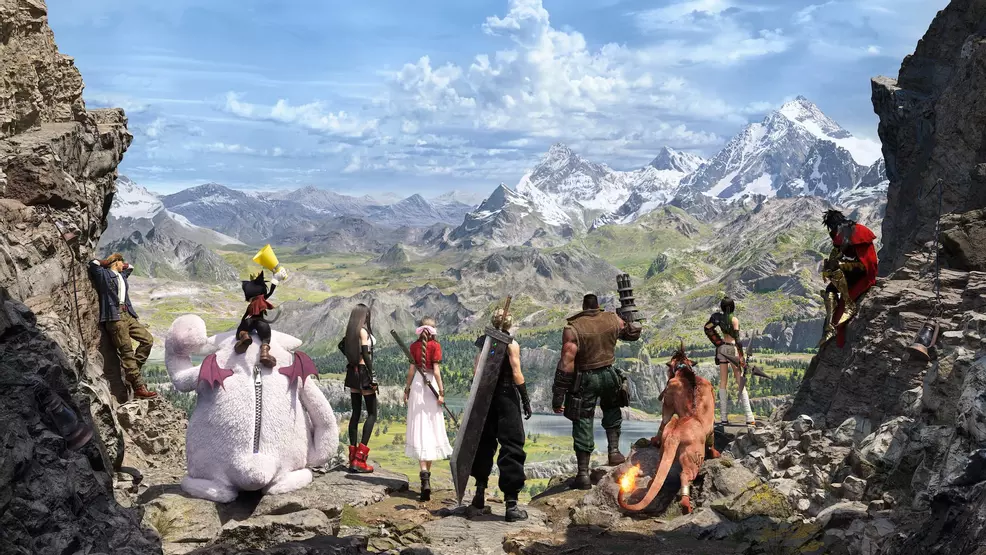 The FF7 party all together overlooking a cliffside