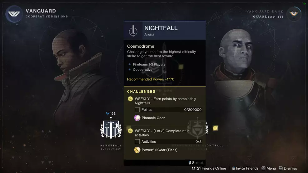 The Nightfall screen in the Vanguard node in the Director