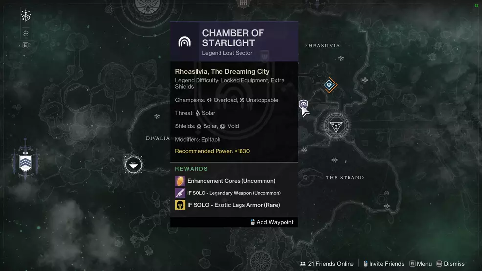 Map of the Dreaming City highlighting the Chamber of Starlight Lost Sector