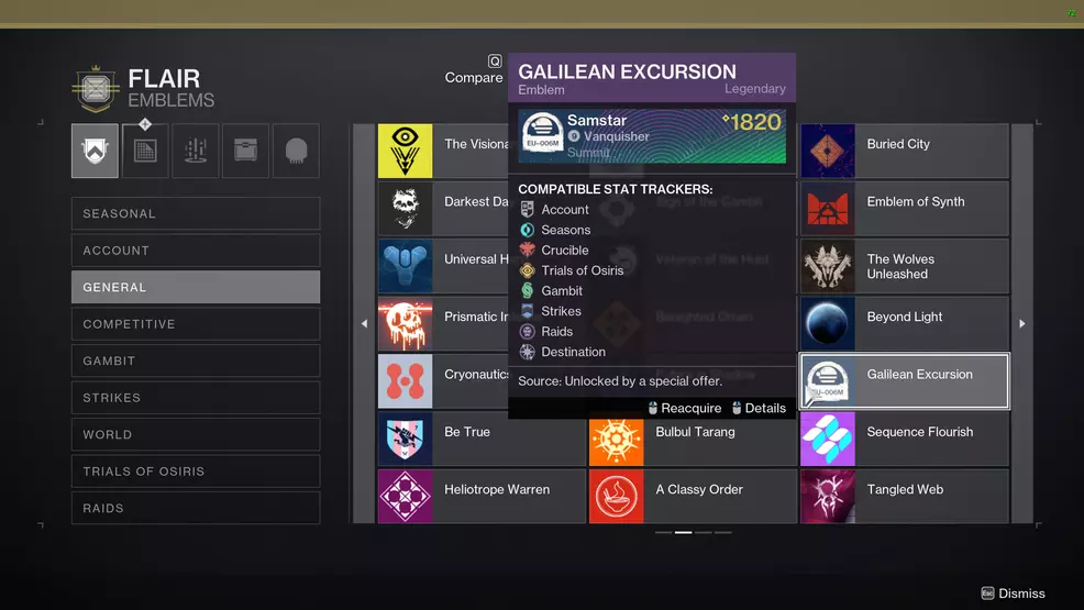 The location of redeemed emblems in Destiny 2