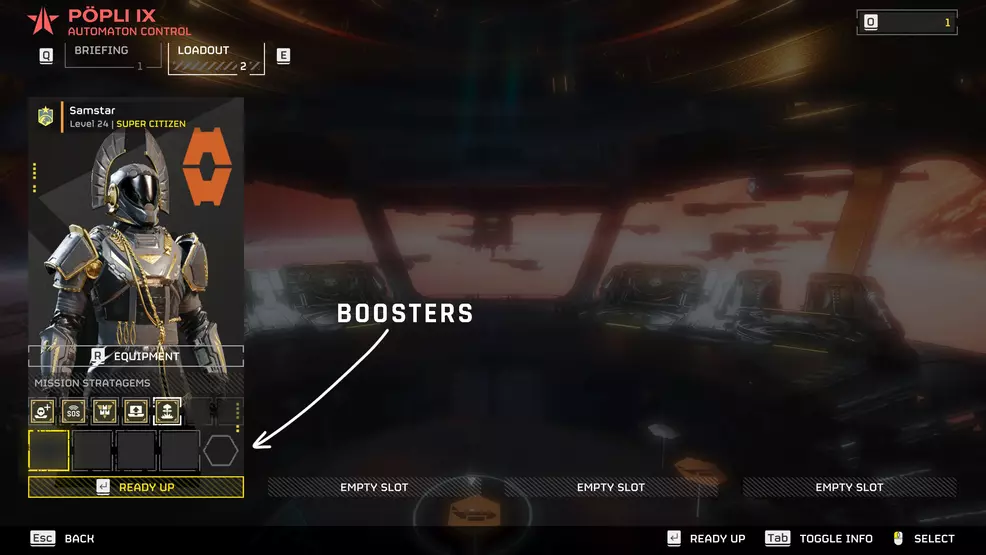 An arrow pointing to the hexagon where you select your booster in Helldivers 2