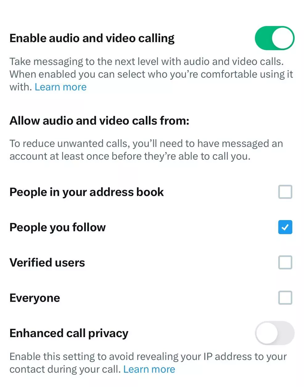 Another screenshot of Twitter DM settings, with Enhanced Privacy enabled.