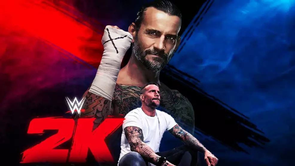 CM Punk in his customary cross-legged seated position with a WWE 2K logo.