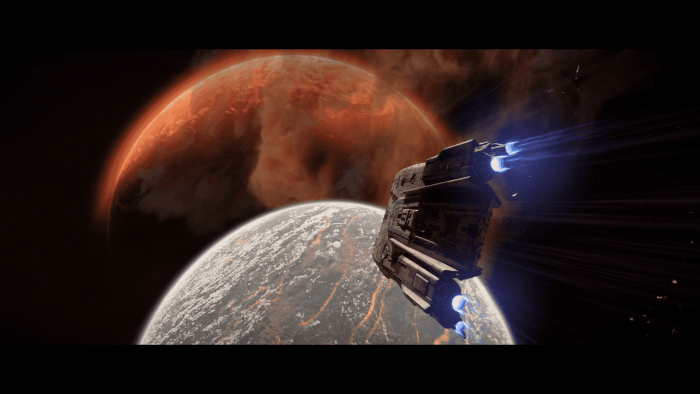 A spaceship in orbit heading towards a planet's surface in Star Wars Outlaws