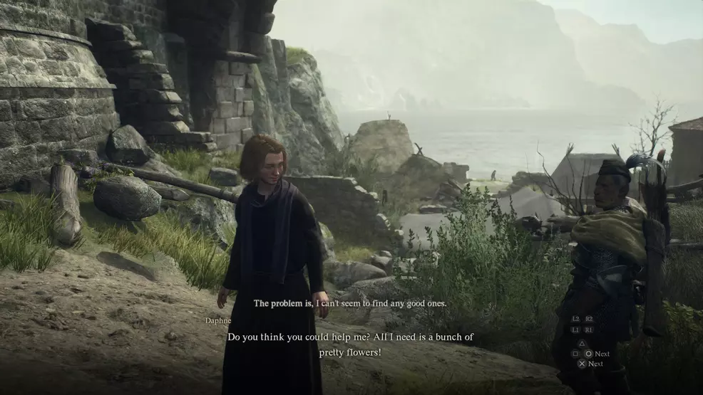 Daphne from Dragon's Dogma 2, asking the player to find her some flowers