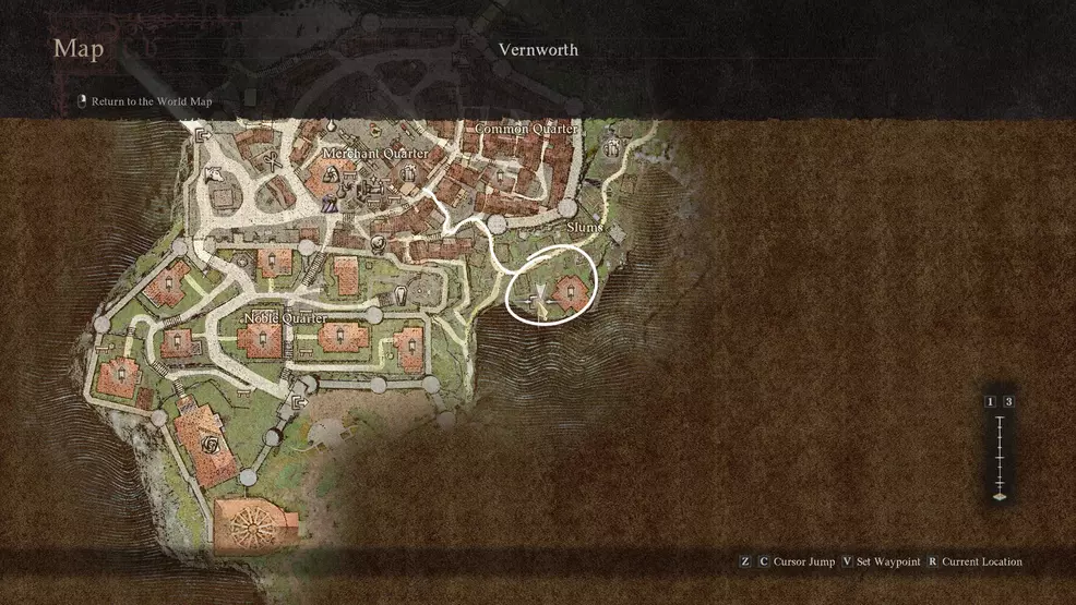 A line drawn on the map of Vernworth from the tavern to the slums