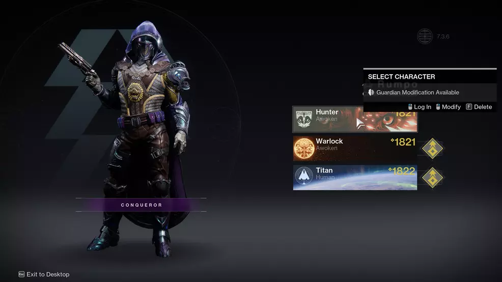 The character selection screen from Destiny 2 where players can modify their appearance