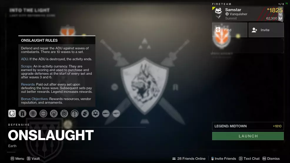 The Onslaught screen showing the Legend difficulty