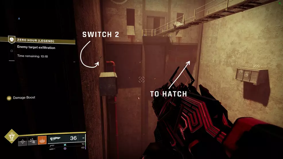 Arrows pointing the way to the hatch and at Switch 2