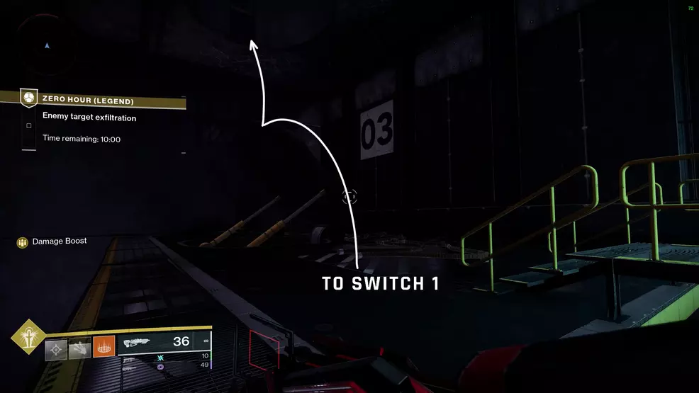 An arrow showing the path up the hatch to Switch 1