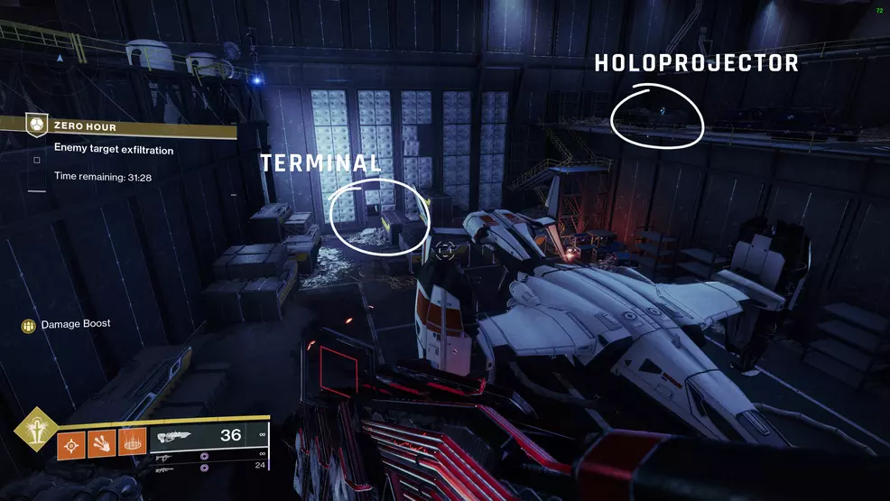 The landing pad showing the terminal and holoprojector locations