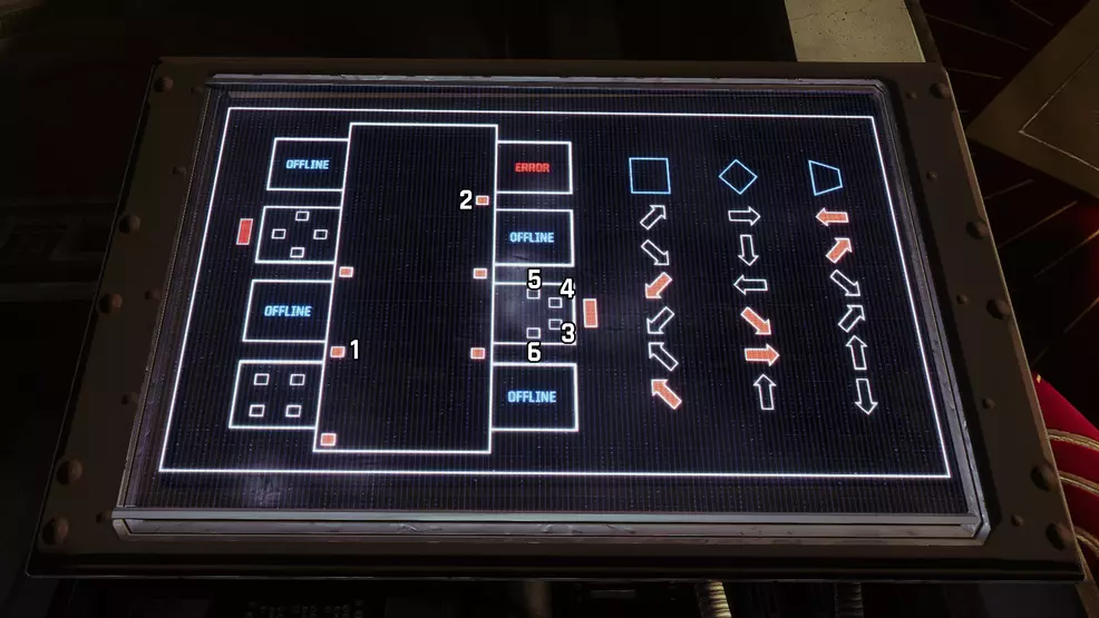 Layout of the cryptarch vault with numbers indicating the correct terminals to activate