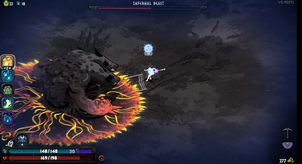 Melinoe charging a special attack while Cerberus faces the other way