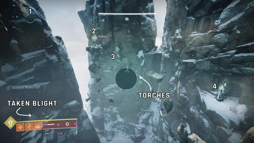 An outdoor area in Warlord's Ruin with texting showing the location of the torches, totems, and taken blight