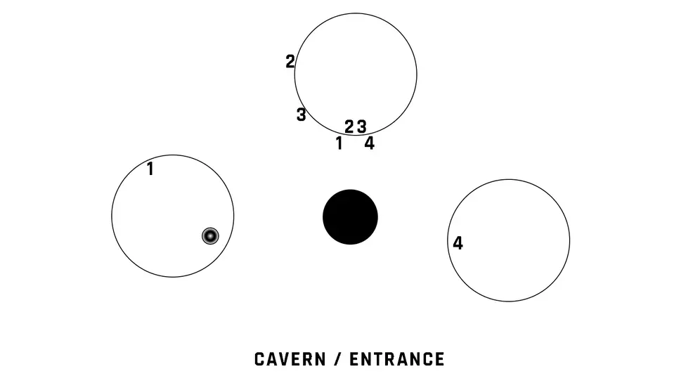 A map showing the location of the torches and totems for the third puzzle for the Buried Bloodline catalyst