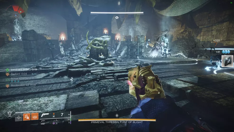 The boss fight with Primeval Thressia showing the six torches