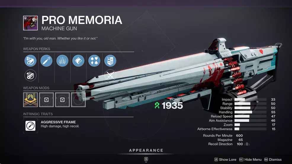 An image showing the Pro Memoria Machine Gun in Destiny 2