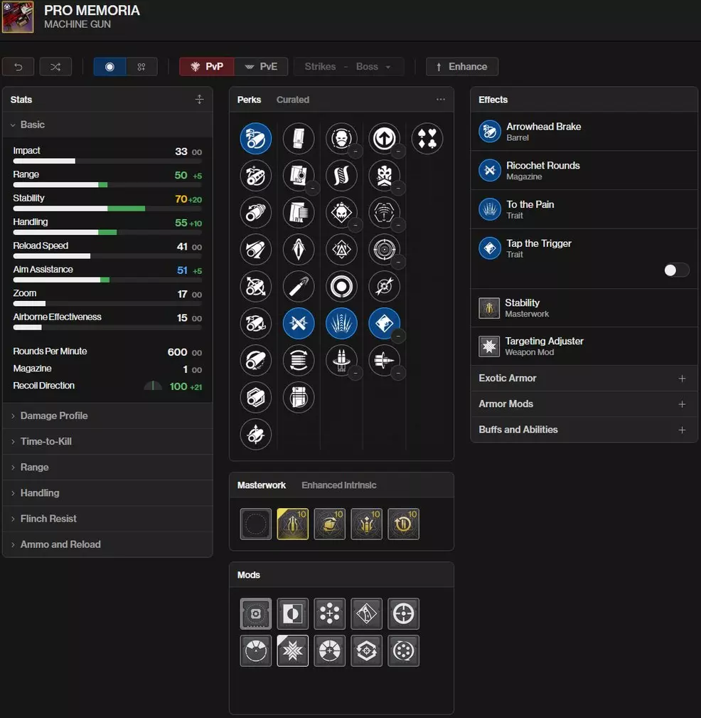 An image showing the Pro Memoria PvP god roll in Destiny 2