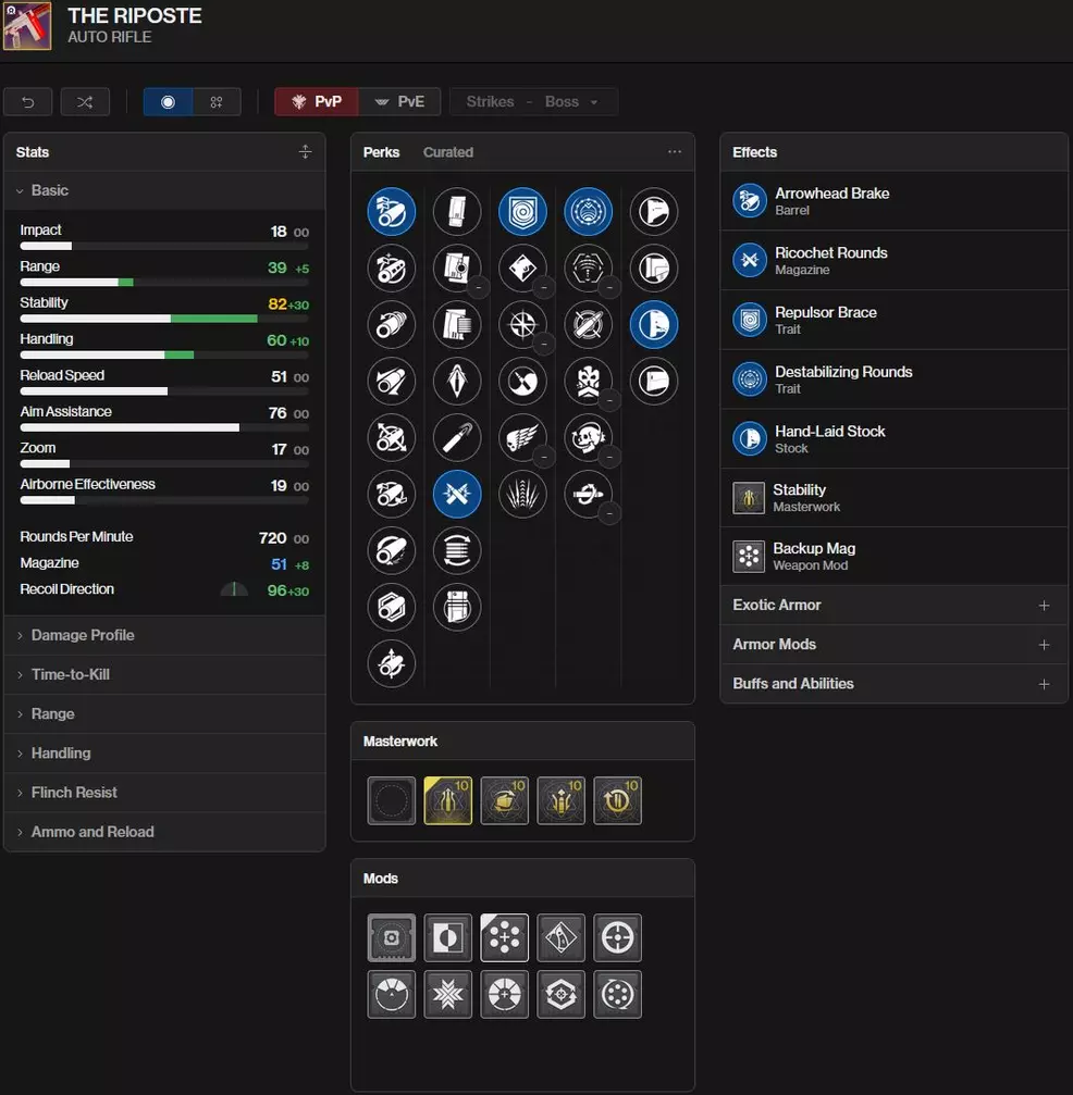 An image showing the Riposte PvE god roll in Destiny 2