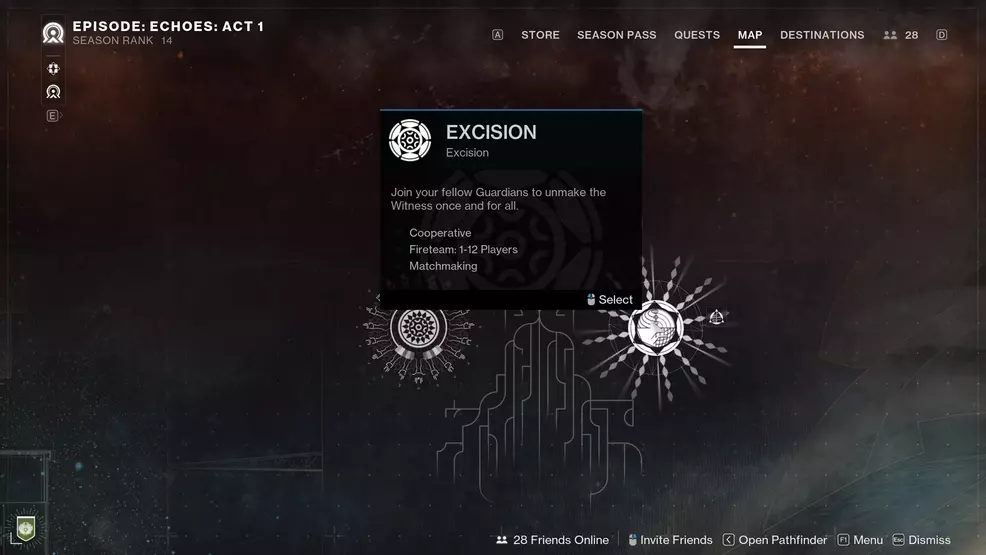 An image showing the Destiny 2 Director and how to launch the 12-player Excision mission