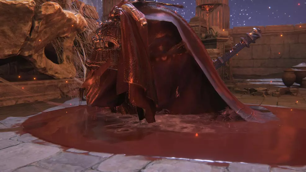 Elden Ring's Mohg, emerging from a pool of blood