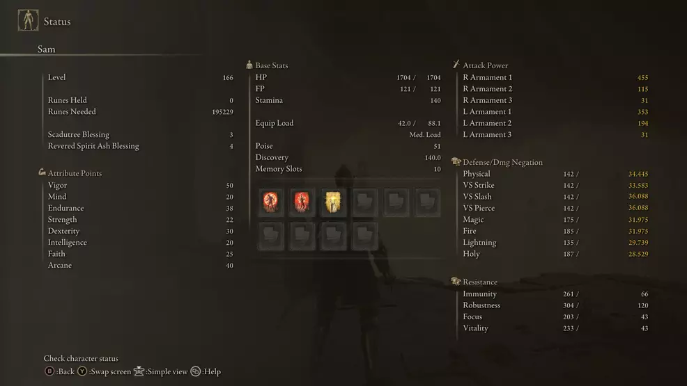 The status screen in Elden Ring showing golden stats