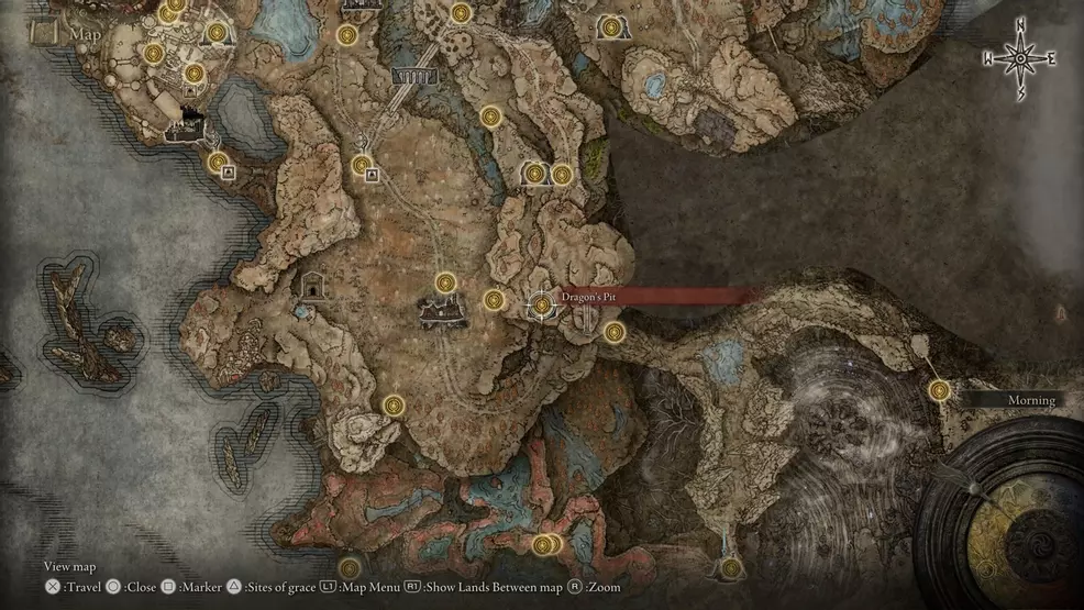 The Dragon Pit marked on the map in Elden Ring: Shadow of the Erdtree.