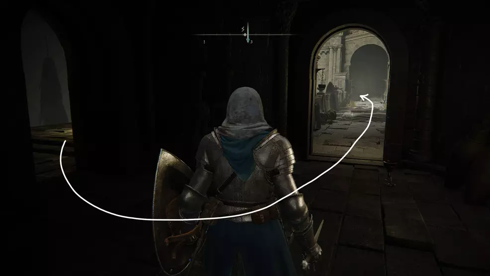 The player stands at the Small Private Altar Site of Grace looking toward the storeroom