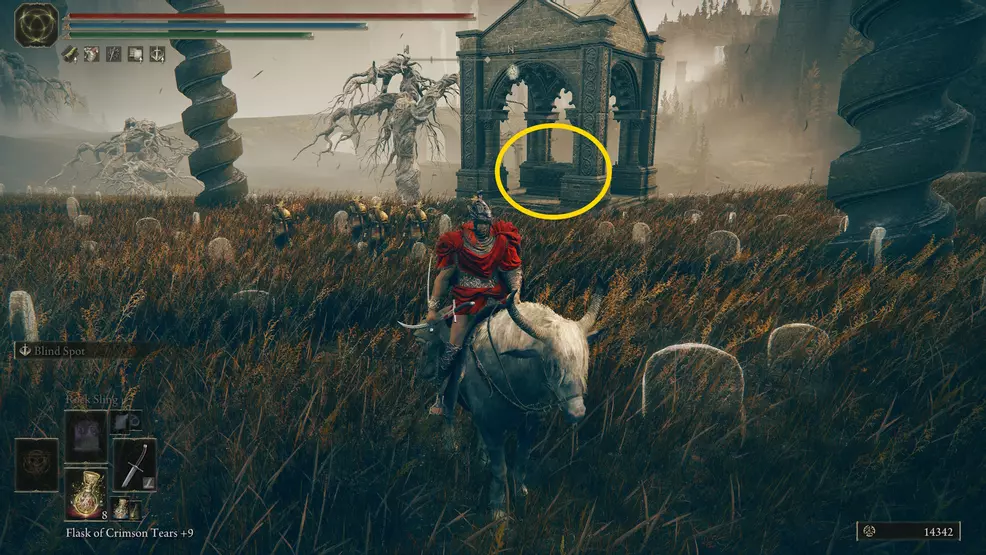 An image of Gravesite Plain in Elden Ring with the Backhand Blade location circled