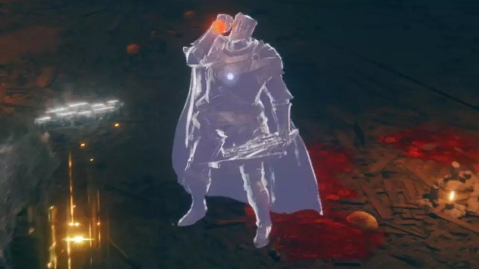 The Blackgaol Knight boss using a Flask of Crimson Tears to heal in his battle.