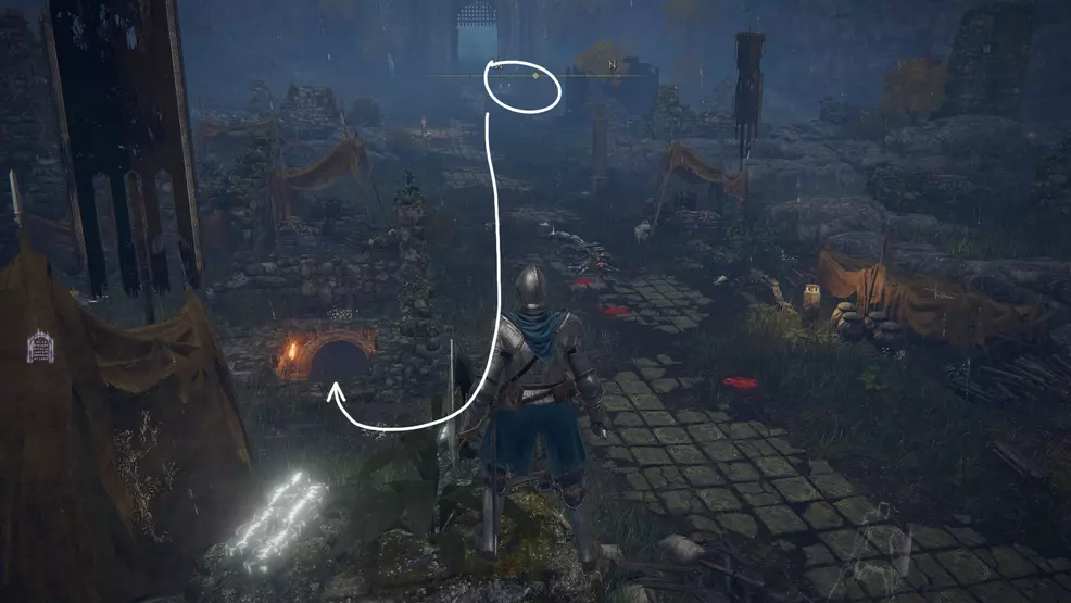 The player stands near the stairs that lead to the Whetstone Knife, an arrow points from the Site of Grace to the stairs