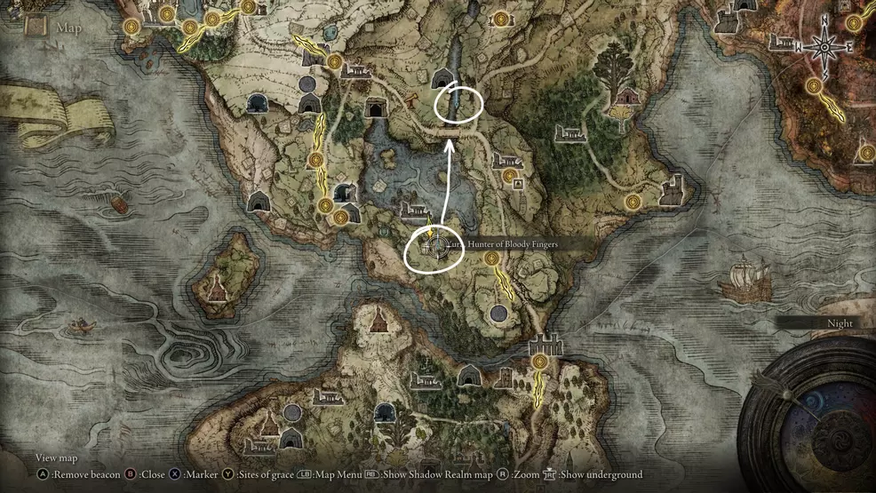 Map showing Yura's two quest locations in Limgrave