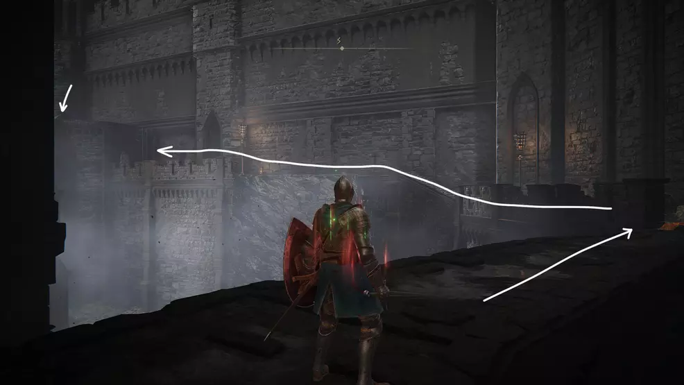 The player stands on a walkway, arrows show the route to the lever