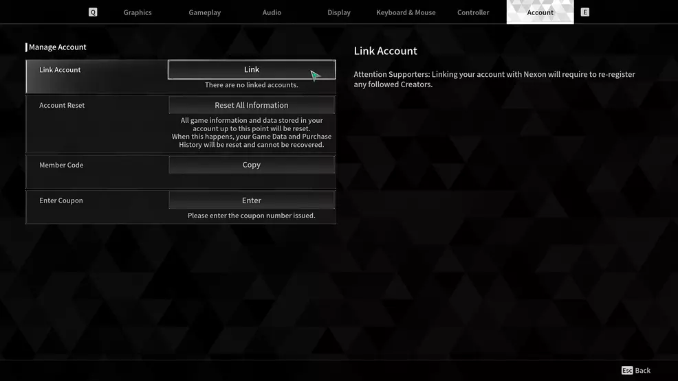 The account settings in The First Descendant showing account linking