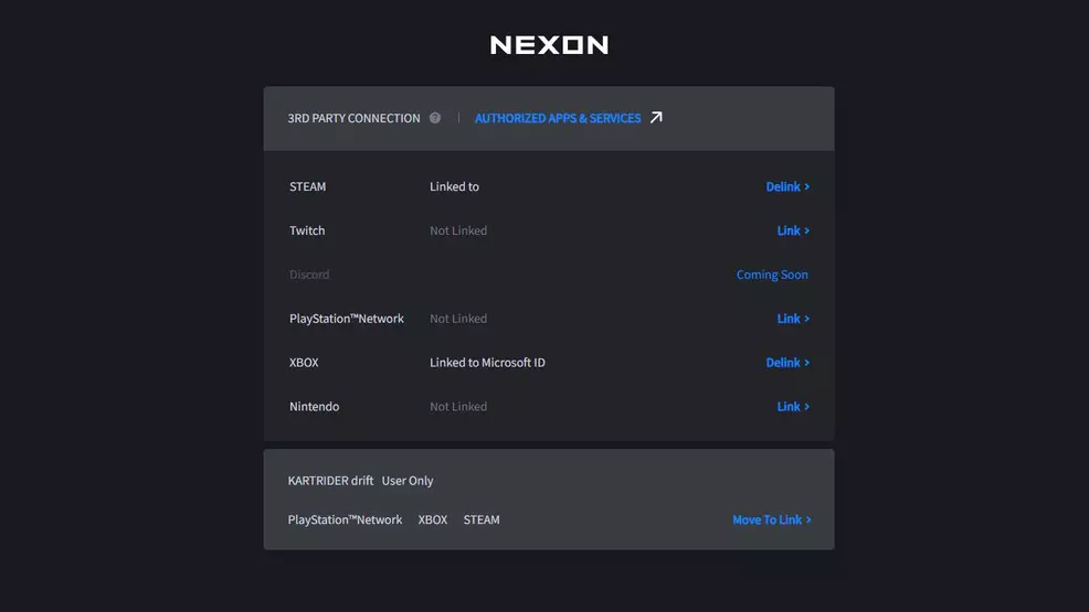 The Account linking section of Nexon