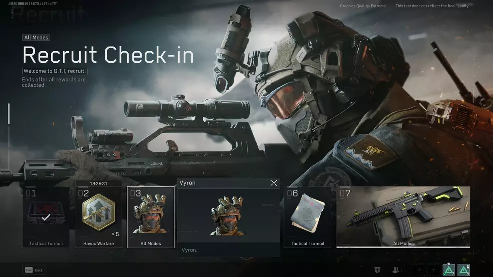 The Recruit Check-in event showing Vyron as a reward