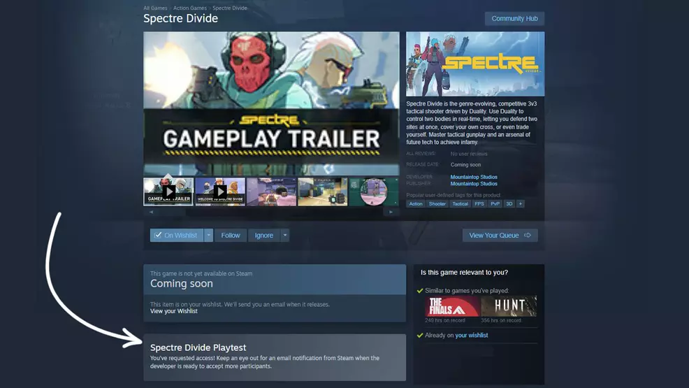 Spectre Divide Steam page with an arrow pointing at the Request Access box