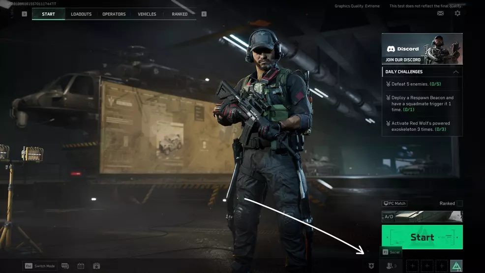 An arrow points at the Social tab in Delta Force: Hawk Ops