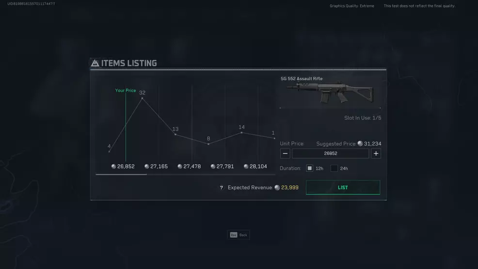 The auction house item price screen