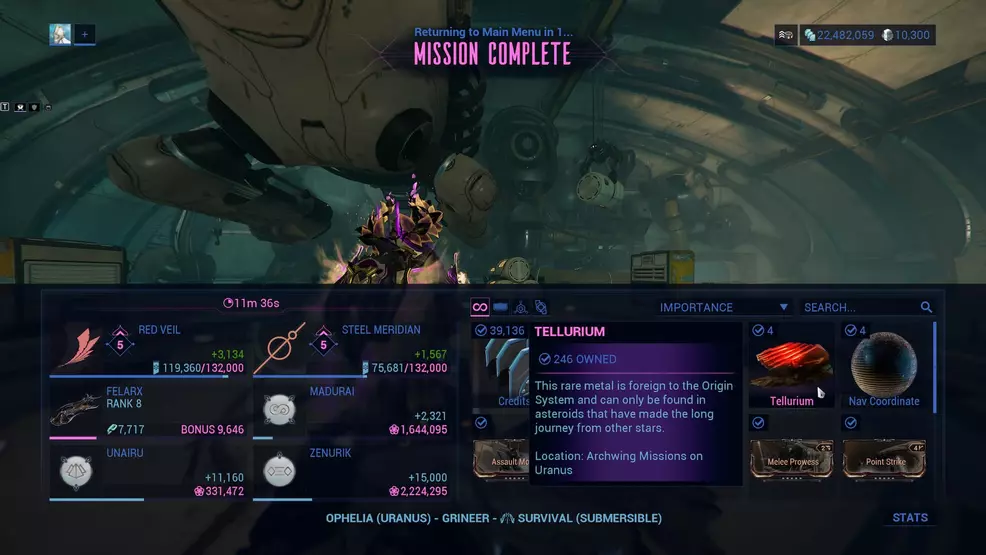 Tellurium in the mission end screen in Warframe