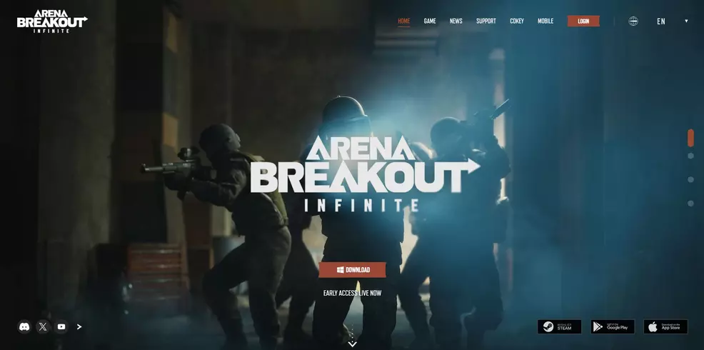 The Arena Breakout: Infinite site showing the download button