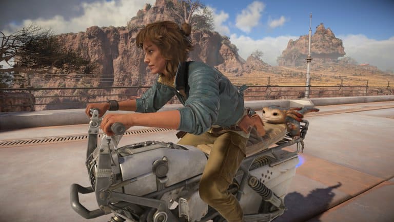 Kay riding her speeder with Nix in the back