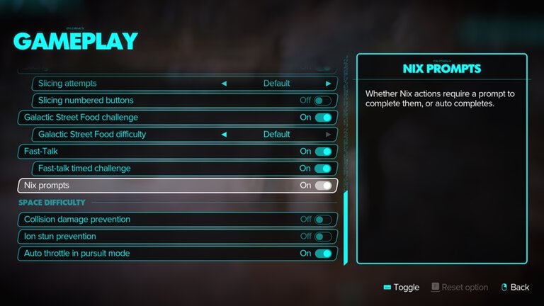 Accessibility options for Nix, Kay's companion in Star Wars Outlaws