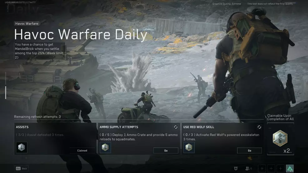 The Havoc Warfare Daily mission screen showing the MandelBrick drop requirements