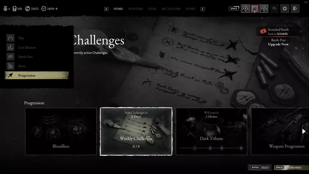 The Progression screen showing the Weekly Challenges tab